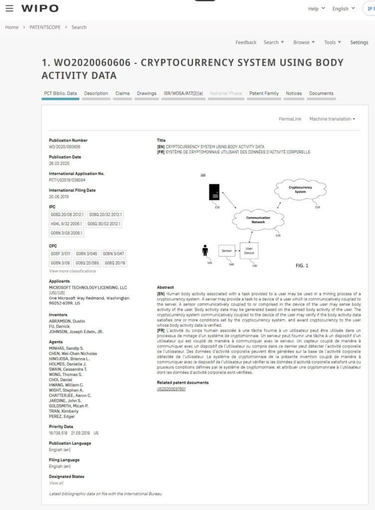  Patent WO2020060606 CRYPTOCURRENCY SYSTEM USING BODY ACTIVITY DATA